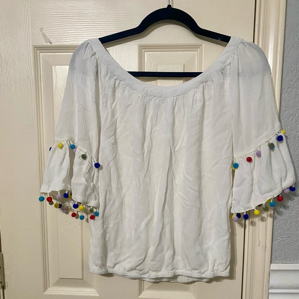 White off the shoulder Pom Pom sleeve boho Top